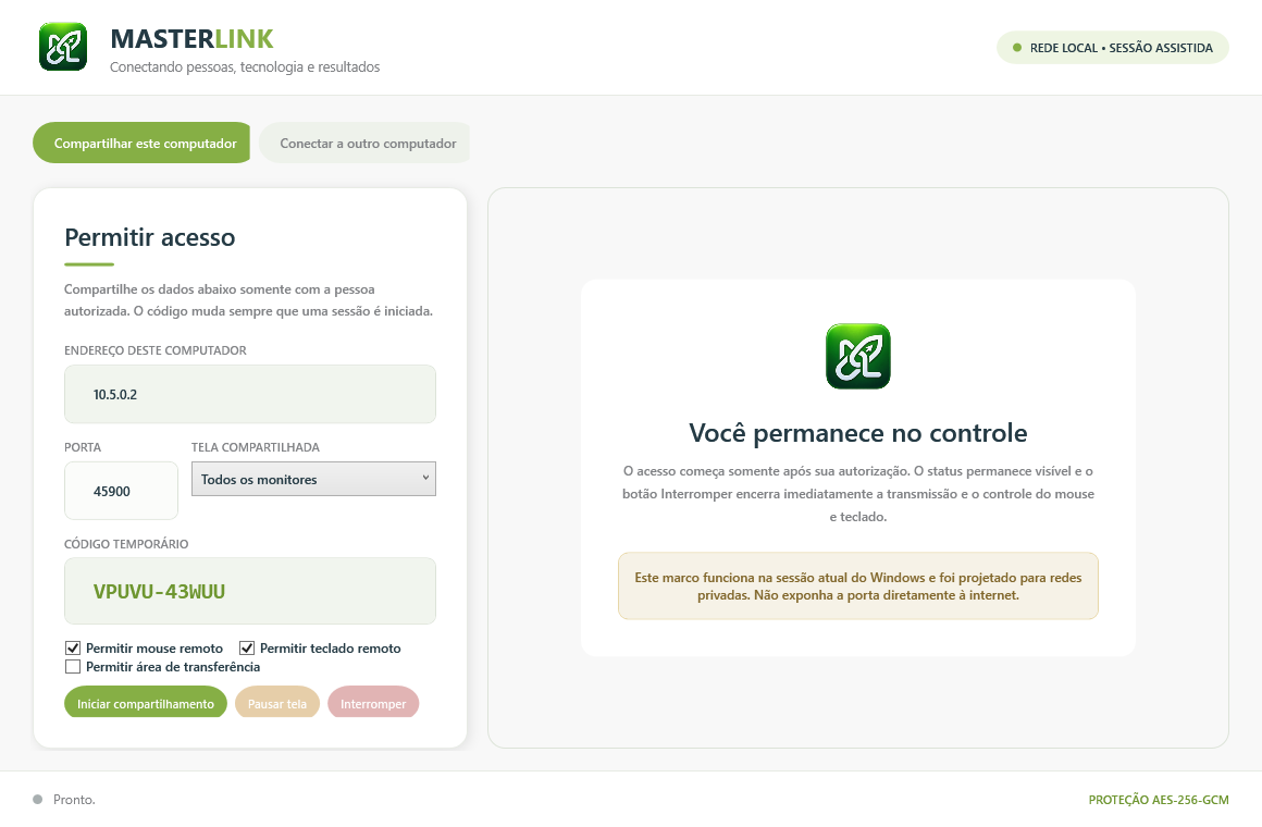 Tela do Masterlink para compartilhar este computador